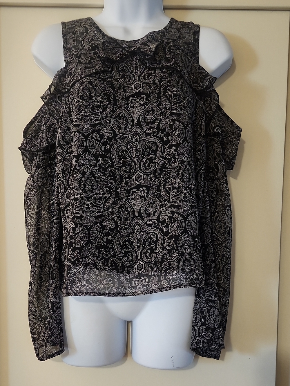 Dex Black Paisley Cold-Shoulder Ruffle Blouse